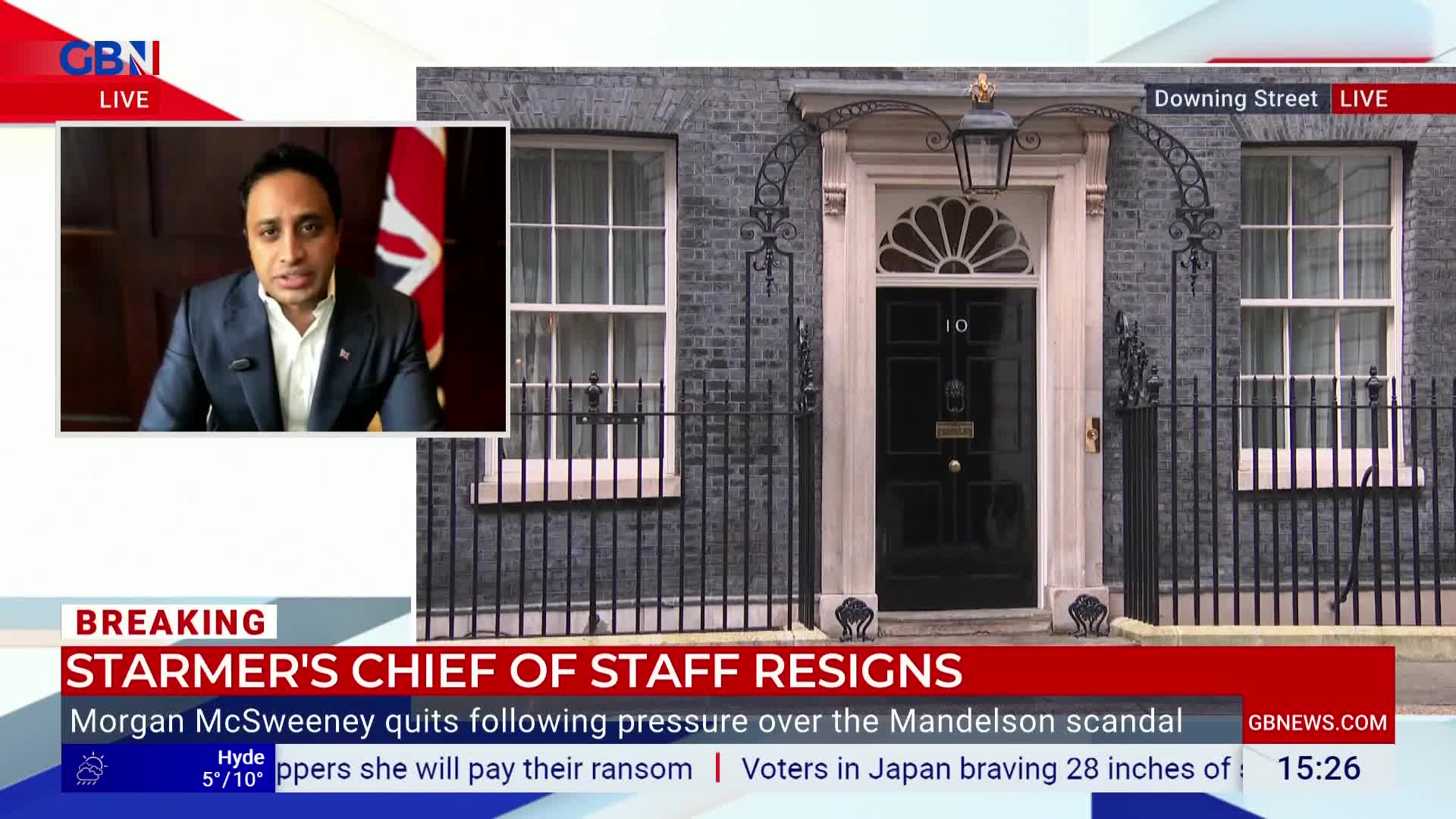 A man in a suit speaks from a small screen on the left, while the iconic black door of 10 Downing Street stands behind a black railing. A GB News chyron at the bottom announces "STARMER'S CHIEF OF STAFF RESIGNS."