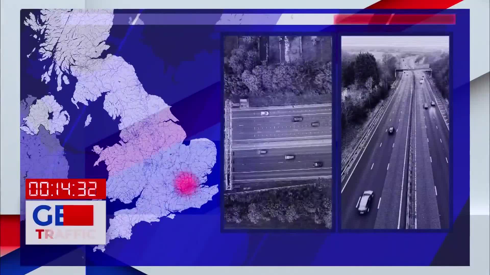 Cars are moving along a wide motorway, some heading towards a bridge overhead. Another view shows a section of the M25 motorway with traffic flowing in both directions.