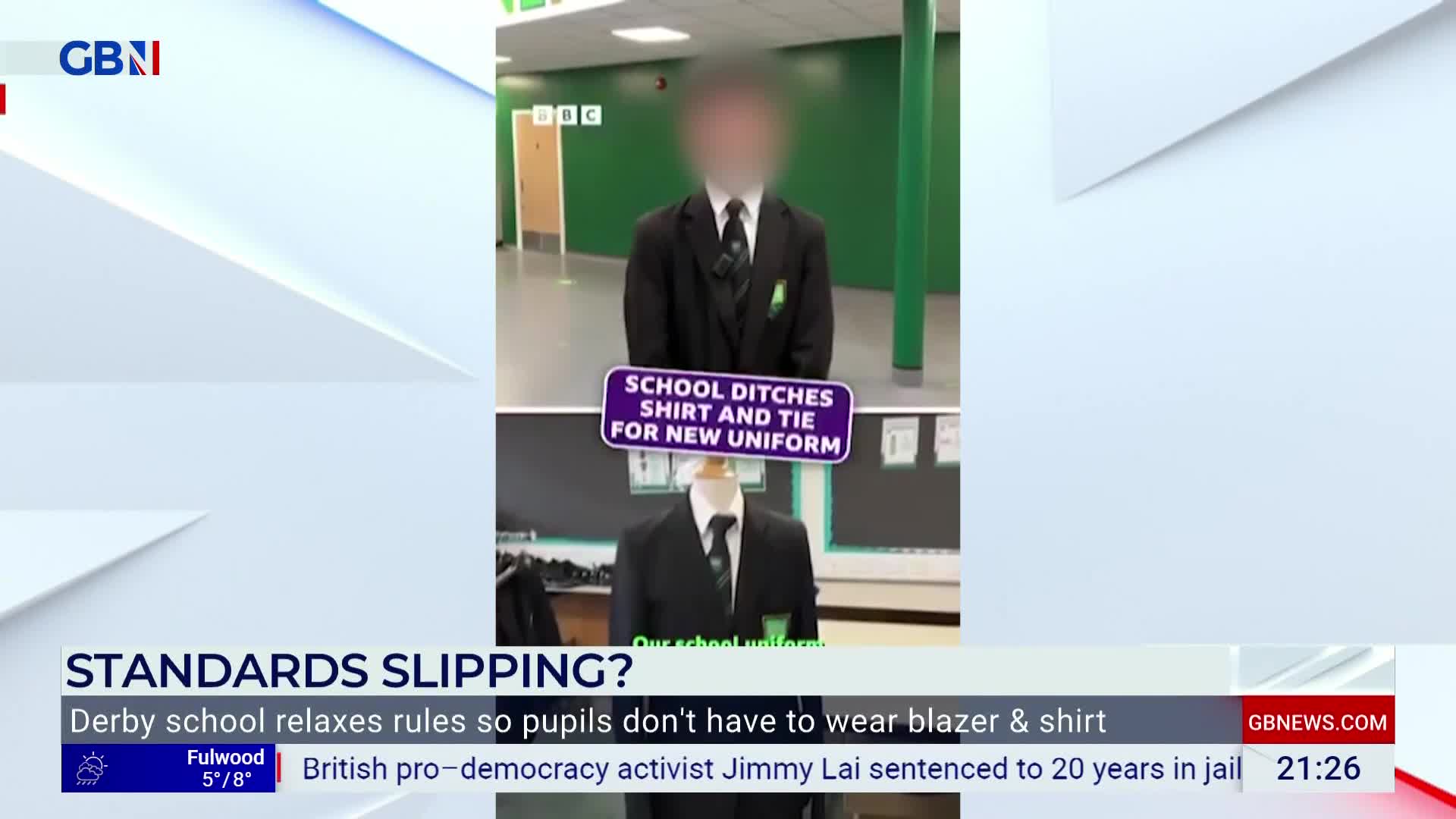 A young person in a school blazer and tie stands in a hallway. Below, a mannequin displays the same uniform, but without a shirt and tie.