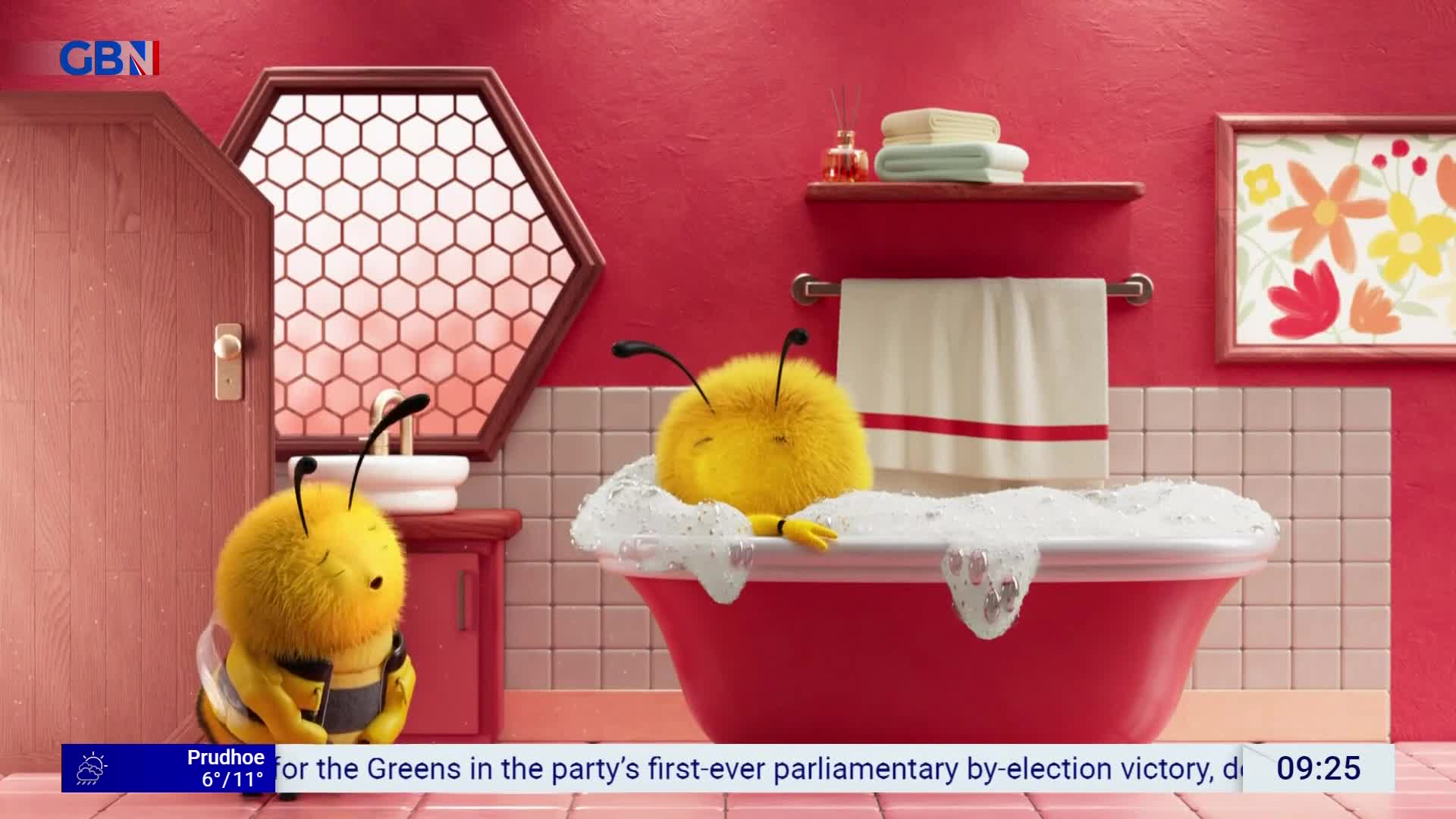 A fluffy bee sits in a bubbly bathtub, eyes closed in contentment. Another bee stands by the door, looking towards the bath.