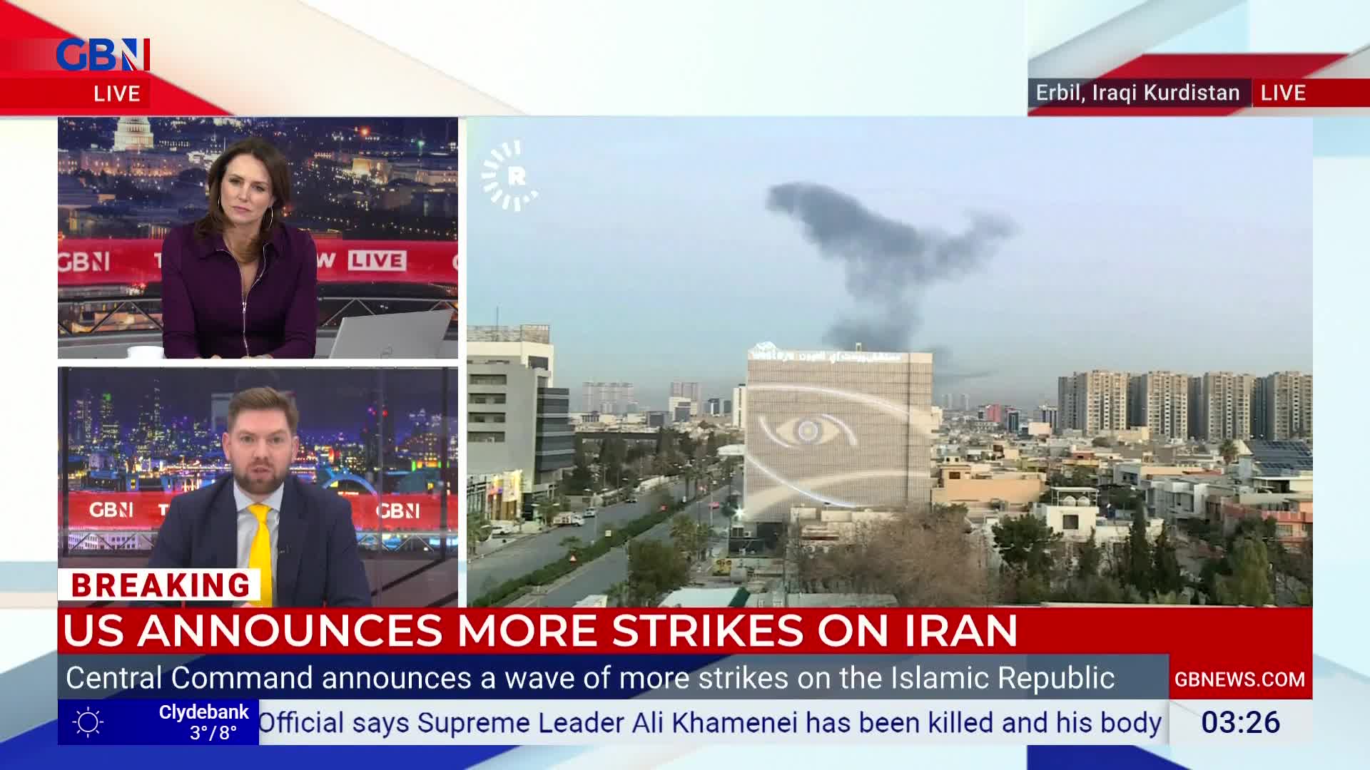 Thick black smoke billows from a building in Erbil, Iraqi Kurdistan. Two presenters on GB News discuss the developing situation.