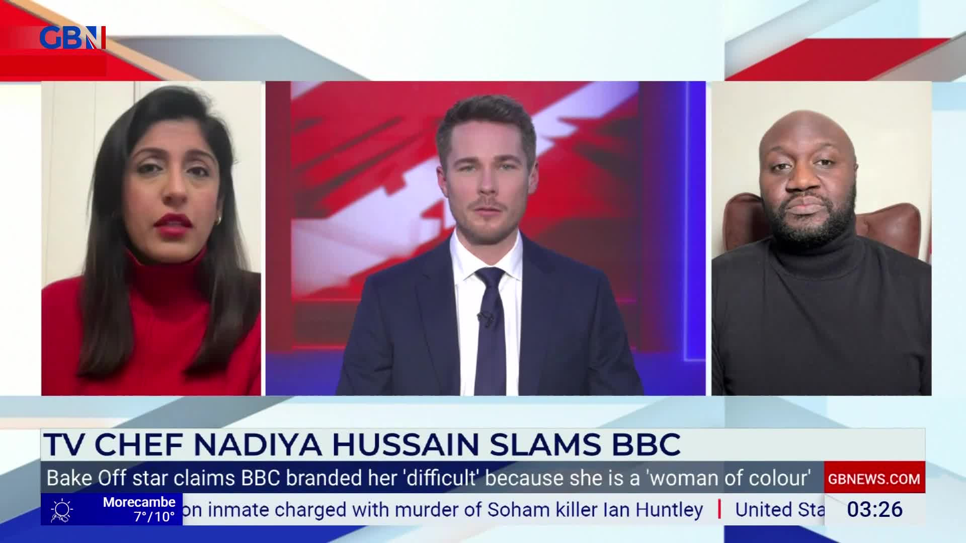 On GB News, a woman in a red turtleneck speaks directly to the camera. Beside her, a man in a suit and tie looks ahead, while another man in a black turtleneck sits in a chair. A headline reads "TV CHEF NADIYA HUSSAIN SLAMS BBC."