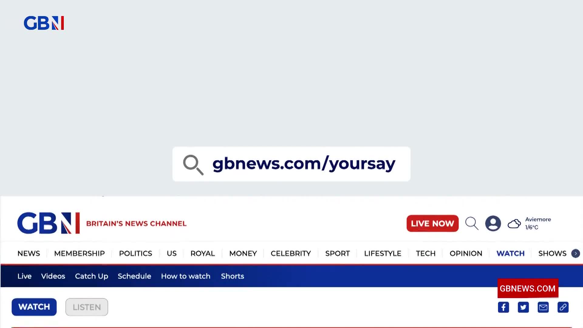 A search bar displays "gbnews.com/yoursay" on a clean, light grey background. Below, the GB News logo and "BRITAIN'S NEWS CHANNEL" are prominent, with a "LIVE NOW" button to the right.