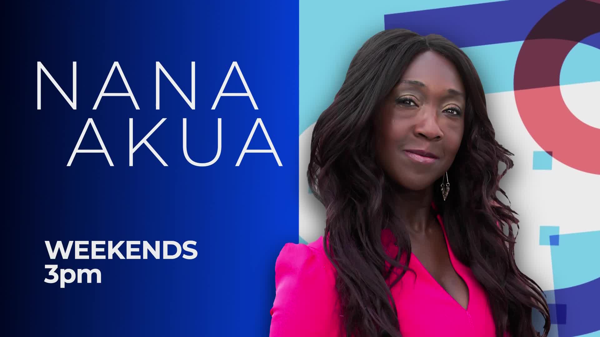 A woman with long, dark hair looks directly ahead, her expression calm. Text beside her reads "NANA AKUA" and "WEEKENDS 3pm."