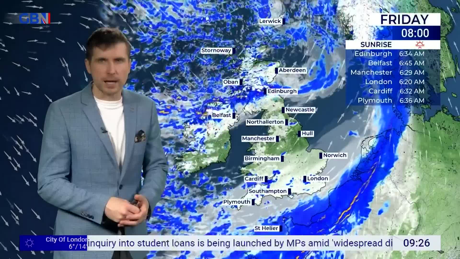 Rain is sweeping across the UK, with heavy bands moving northwards from the south coast. The forecast shows a bright start in some areas, but showers are expected to spread throughout the day.