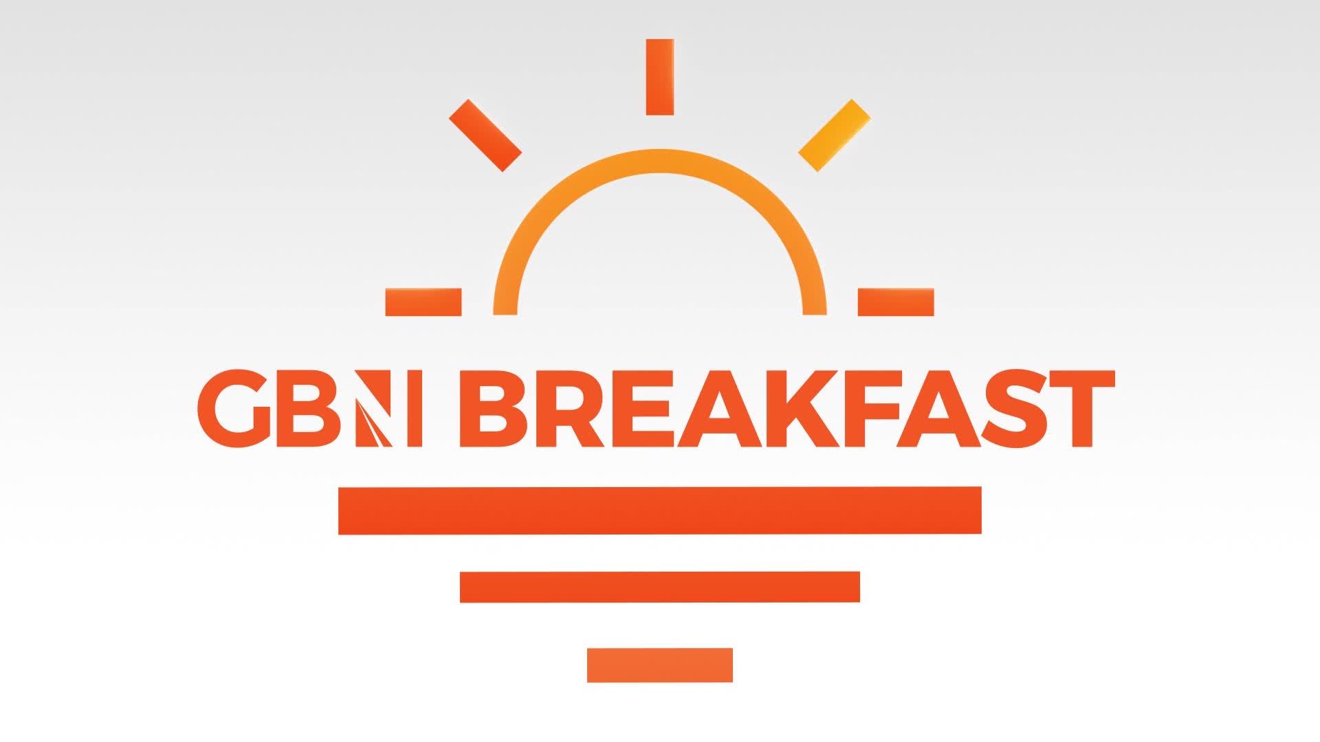 The sun is rising over the horizon, casting a warm orange glow. The words "GBNI BREAKFAST" are emblazoned across the scene in bold, bright orange letters.