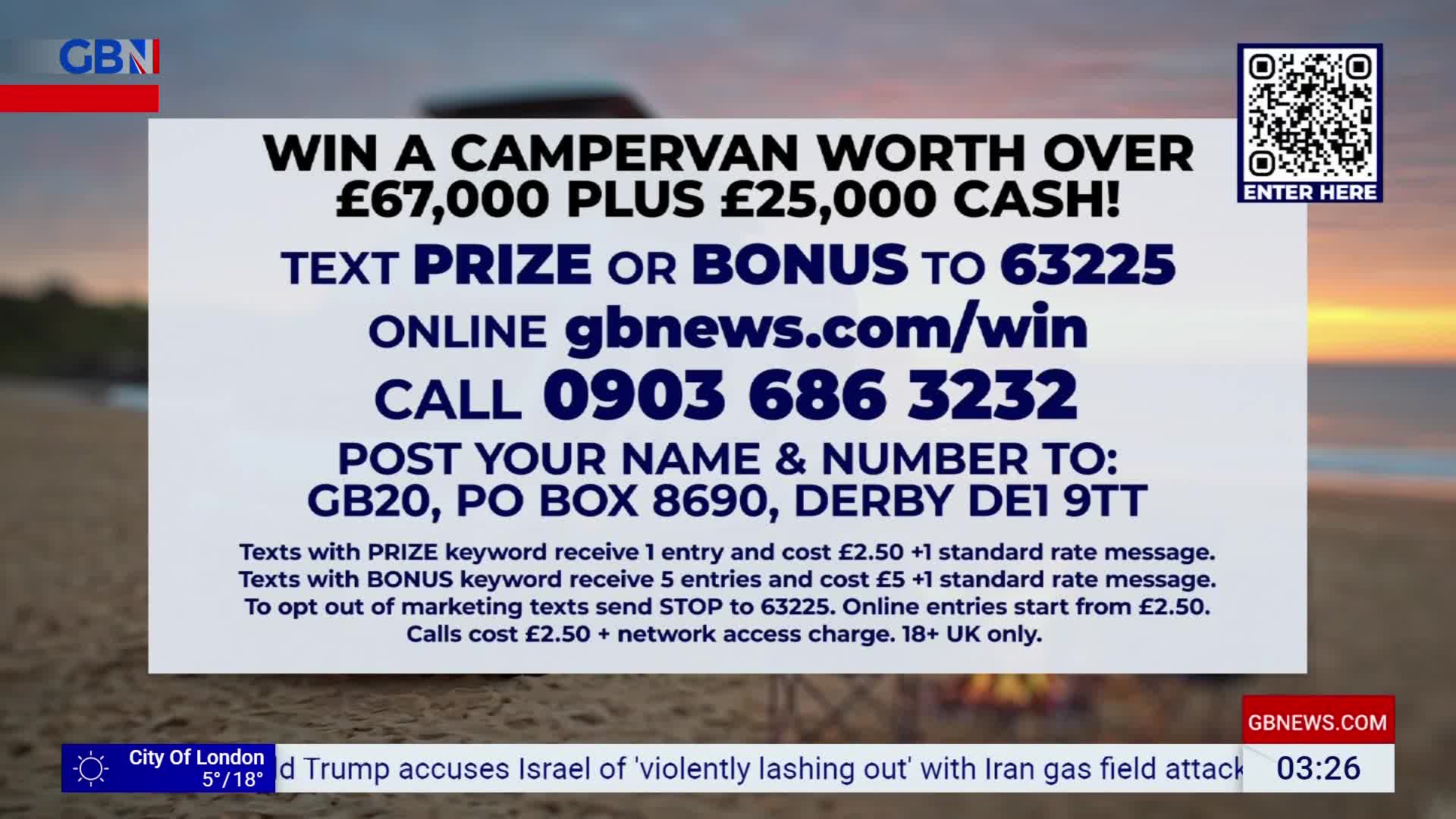A campervan and a campfire sit on a beach at sunset. A graphic overlays the scene with details for a GB News competition. A campervan and a campfire sit on a beach at sunset. A graphic overlays the scene with details for a GB News competition.