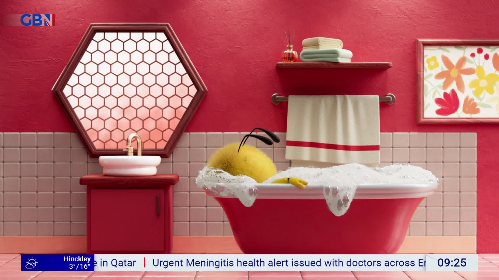 A fuzzy yellow bee with black antennae is relaxing in a bubbly red bathtub. A yellow rubber ducky floats nearby. A fuzzy yellow bee with black antennae is relaxing in a bubbly red bathtub. A yellow rubber ducky floats nearby.