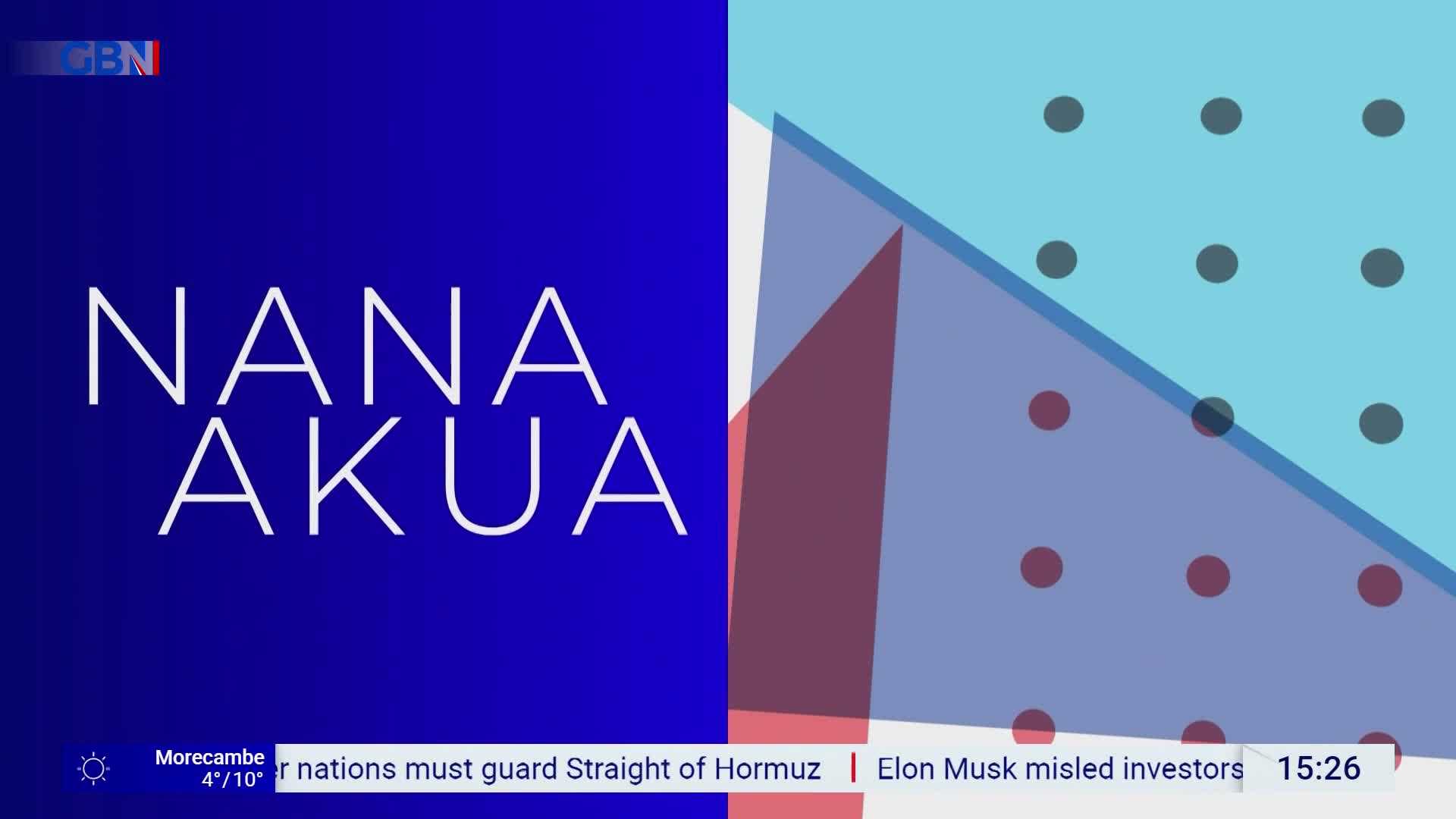 The GB News logo is in the top left corner. "NANA AKUA" is displayed in large white letters against a dark blue background. The GB News logo is in the top left corner. "NANA AKUA" is displayed in large white letters against a dark blue background.