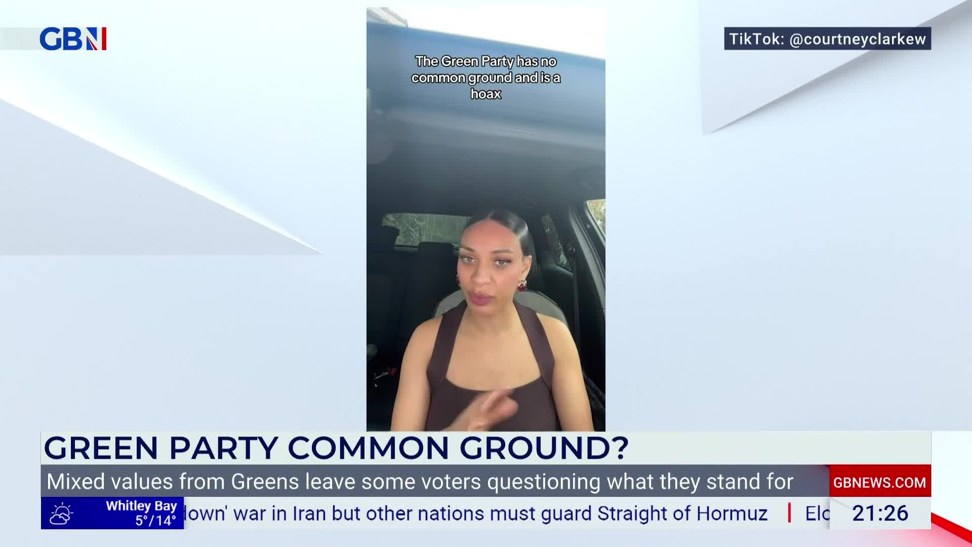 A woman speaks directly to the camera from inside a car, her hands gesturing as she talks. The GB News chyron below her reads "GREEN PARTY COMMON GROUND?" with a snippet of text about mixed values from the Greens. A woman speaks directly to the camera from inside a car, her hands gesturing as she talks. The GB News chyron below her reads "GREEN PARTY COMMON GROUND?" with a snippet of text about mixed values from the Greens.