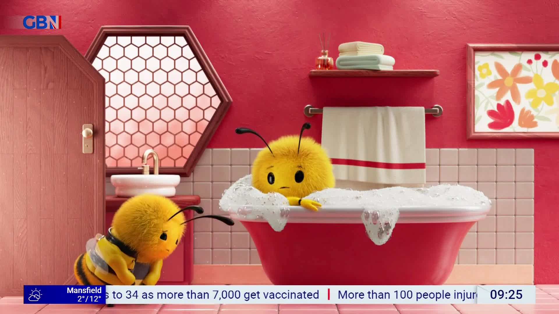 A fuzzy bee is peeking over the edge of a bright red bathtub overflowing with bubbles. Another bee, wearing a tiny striped vest, crawls towards the tub. A fuzzy bee is peeking over the edge of a bright red bathtub overflowing with bubbles. Another bee, wearing a tiny striped vest, crawls towards the tub.