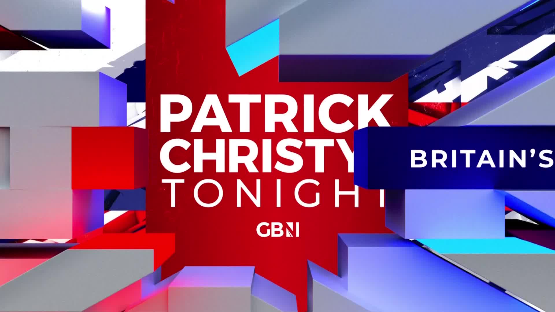 White text reads "PATRICK CHRISTY TONIGHT" against a red background. To the right, a blue bar displays "BRITAIN'S" in white letters. White text reads "PATRICK CHRISTY TONIGHT" against a red background. To the right, a blue bar displays "BRITAIN'S" in white letters.