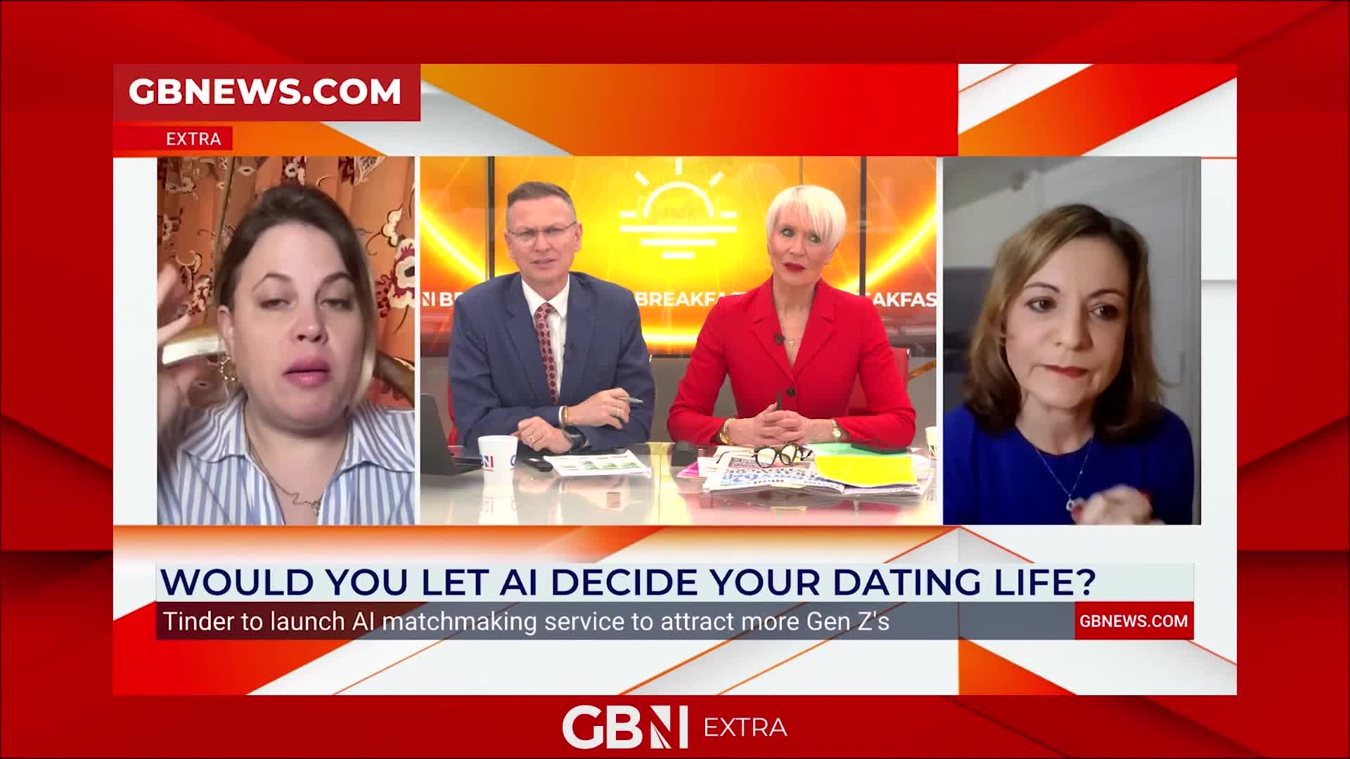 A woman on the left gestures emphatically while speaking, her face filling a screen. To her right, two presenters sit at a desk, the man in a suit and the woman in a bright red jacket, both looking towards the camera. A third woman, in a blue top, appears on a screen to the far right, also speaking. A woman on the left gestures emphatically while speaking, her face filling a screen. To her right, two presenters sit at a desk, the man in a suit and the woman in a bright red jacket, both looking towards the camera. A third woman, in a blue top, appears on a screen to the far right, also speaking.