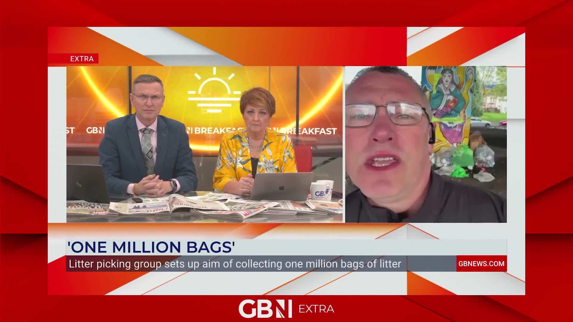 A man on a video call speaks animatedly, with a colourful mural and piles of rubbish behind him. In the studio, two presenters sit behind a desk covered in newspapers, a GB News logo visible on a mug. A man on a video call speaks animatedly, with a colourful mural and piles of rubbish behind him. In the studio, two presenters sit behind a desk covered in newspapers, a GB News logo visible on a mug.