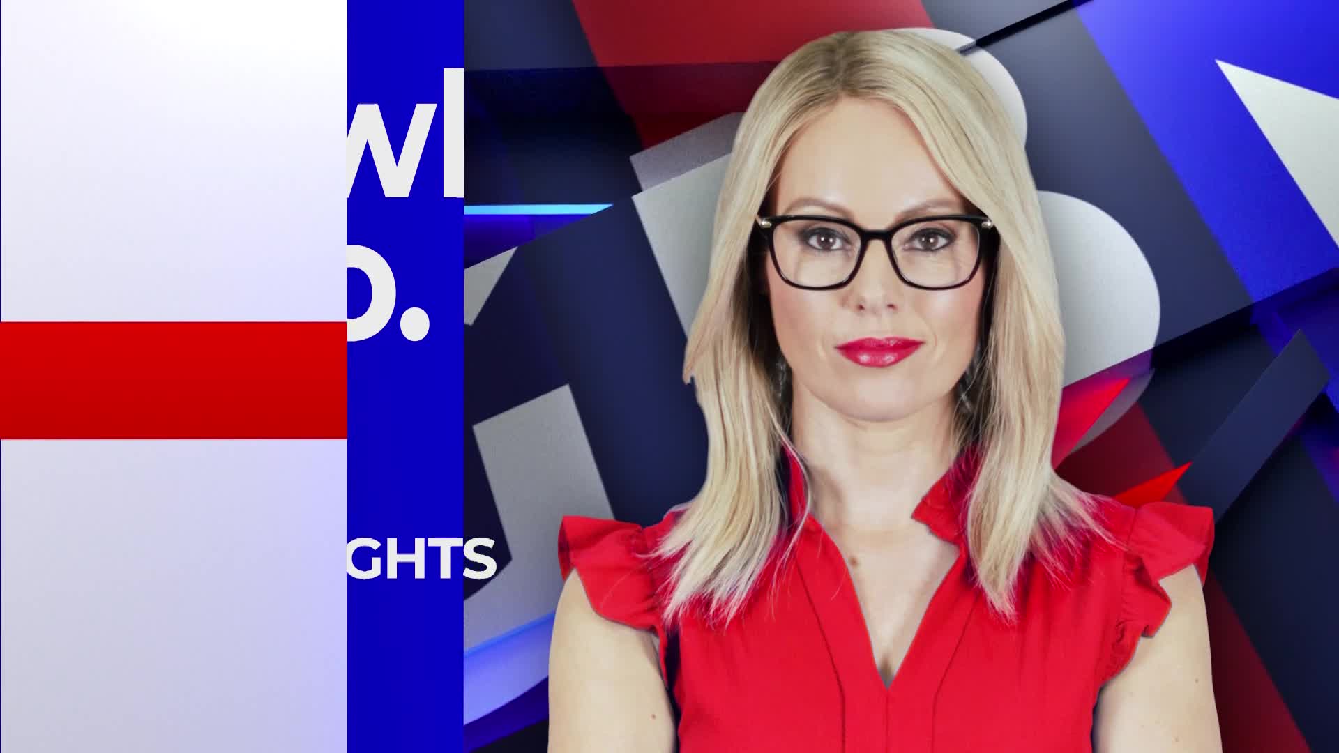 A woman with blonde hair and glasses stands before a blue and red graphic background. To her left, a graphic displays the English flag and text that reads "WL D. GHTS."