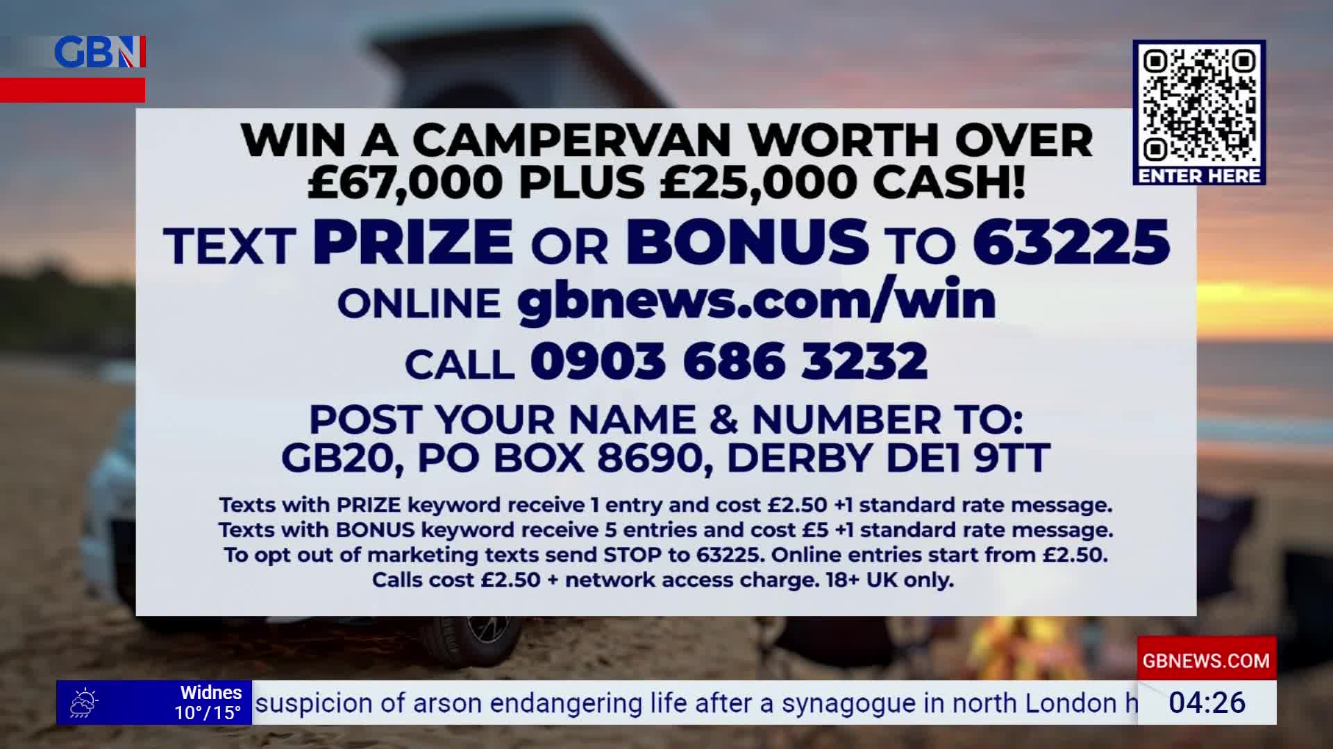 A campervan sits on a sandy beach as the sun sets. GB News displays a competition to win the campervan and cash.