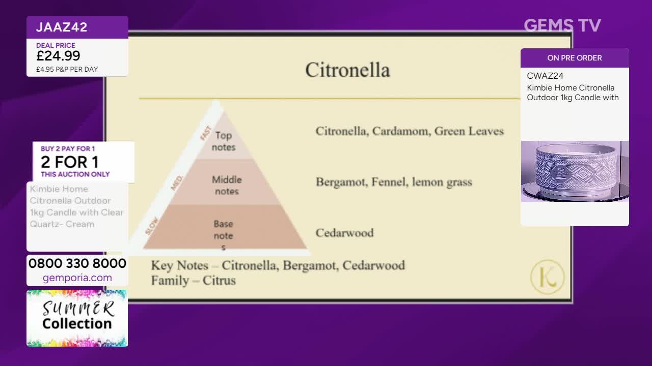 A diagram illustrating the scent notes of a citronella candle is displayed, along with a product image and a "buy two, get one free" offer from Gems TV. The screen also shows the price and contact information for the UK-based retailer.
