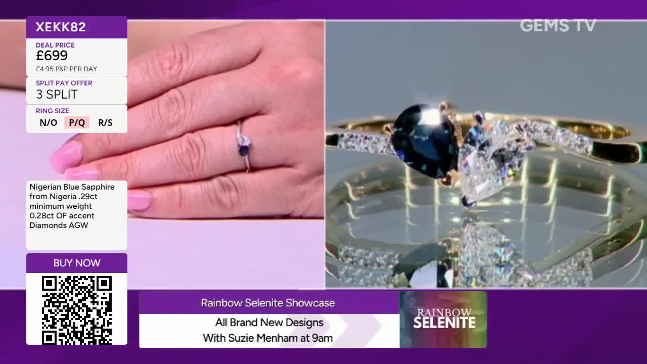 A hand with a ring on its finger is displayed, next to a larger image of a similar ring. The screen advertises a Nigerian blue sapphire ring, available on Gems TV.
