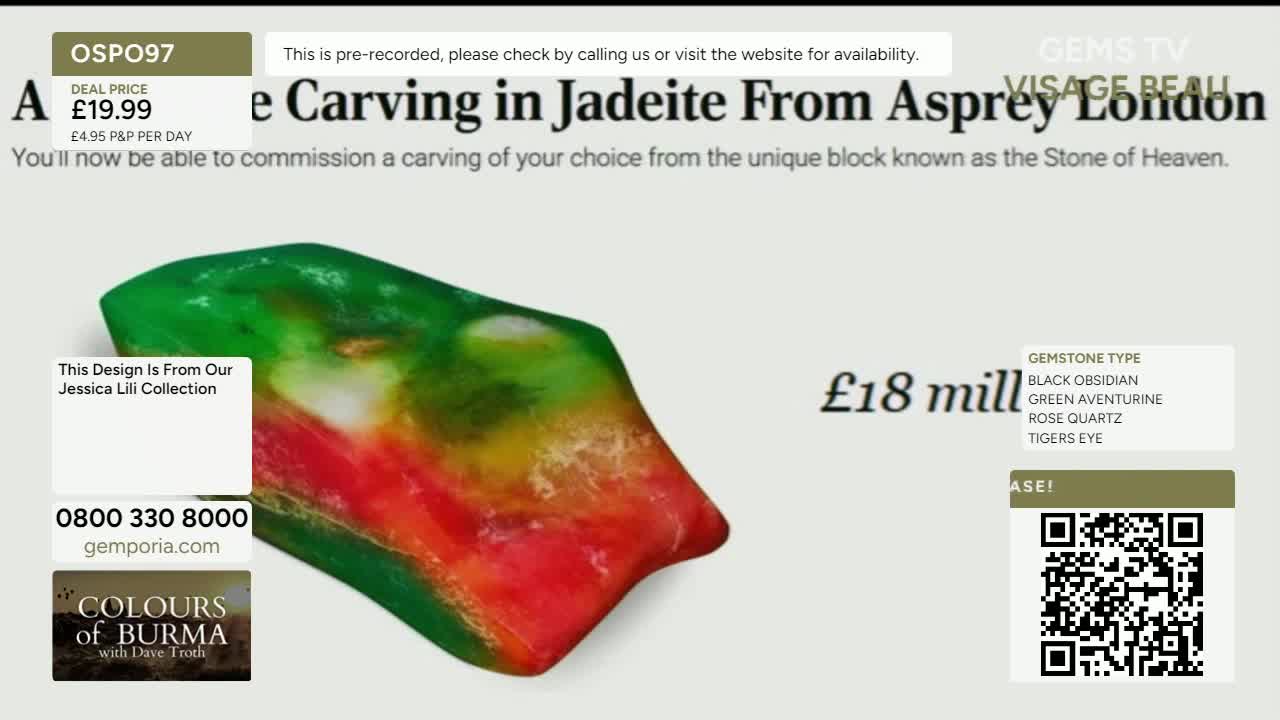 A colorful, rectangular stone is the focal point, showcased against a light background on Gems TV. The screen displays the deal price and a phone number for ordering, all part of a pre-recorded presentation.
