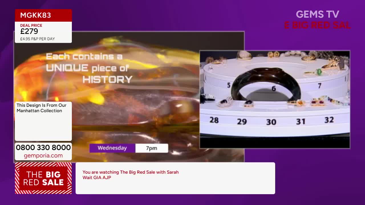 A rotating display of jewelry sits in front of a blurred amber backdrop. The screen shows the price and details of the product, with a "Big Red Sale" banner in the corner.
