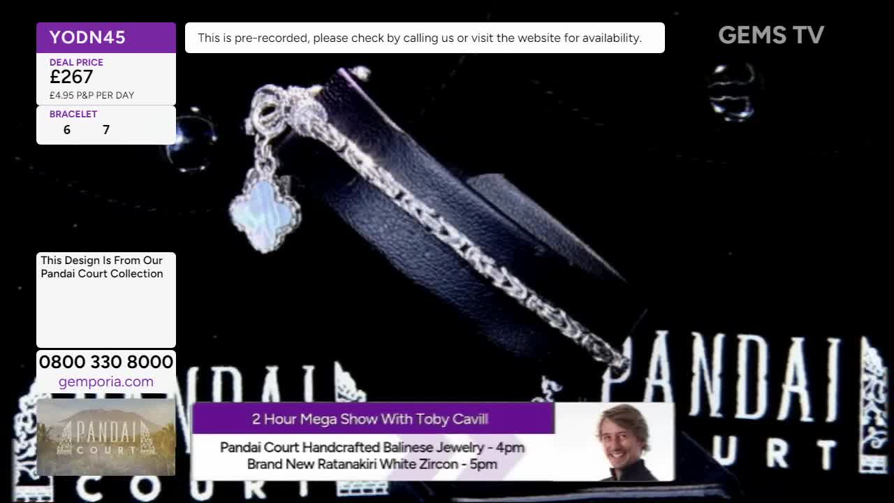 A silver bracelet, with a pendant, is displayed against a dark background on Gems TV. The price is listed as £267, and the show is pre-recorded.
