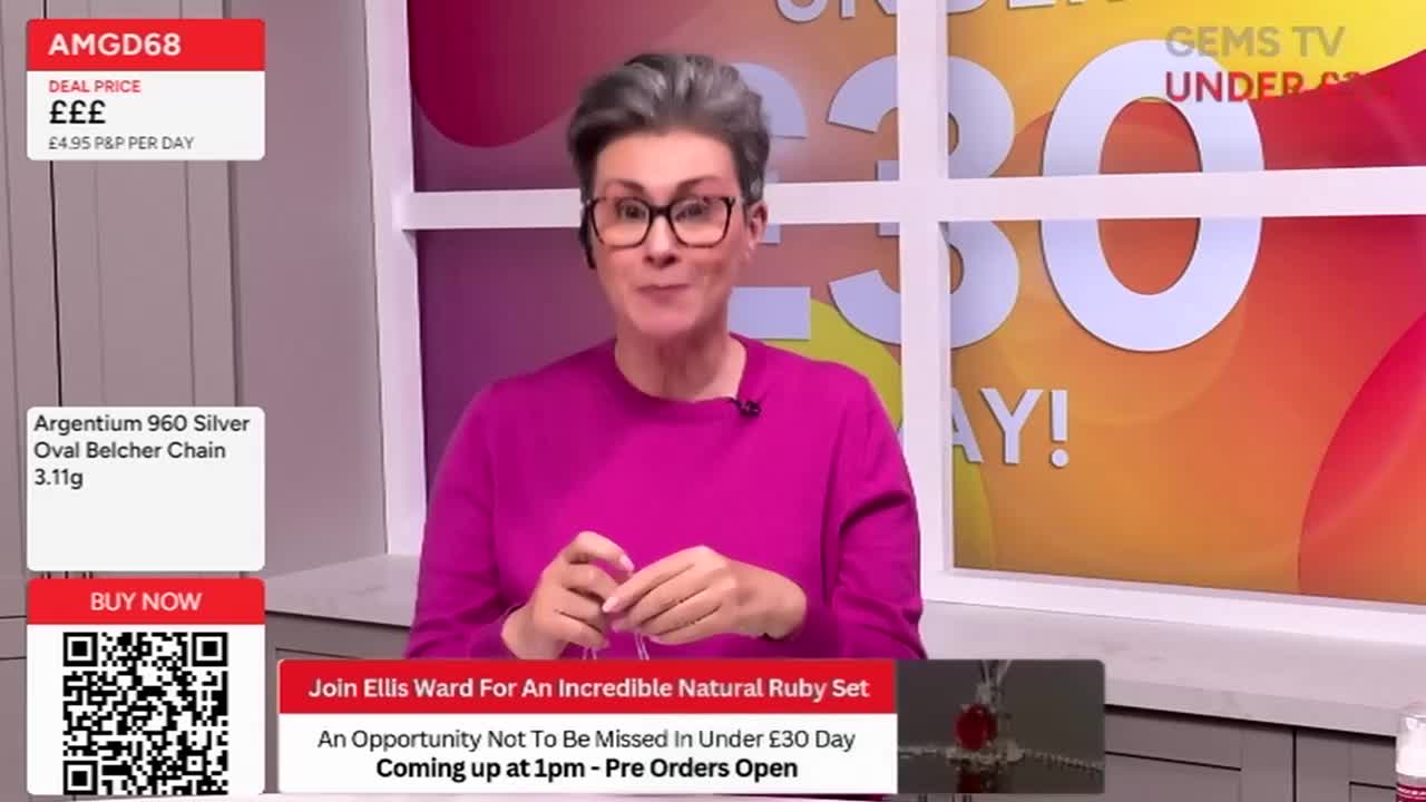 A woman in a bright pink sweater is speaking directly to the camera, her hands gently moving. On the screen, a deal for a silver chain is advertised alongside a preview of an upcoming jewelry set.
