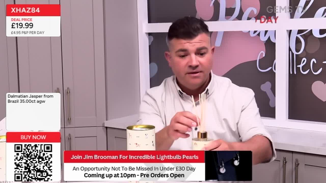 The man on Gems TV holds a small, decorative bottle and inserts reeds into it. He's speaking, gesturing with his hands, and a price tag for Dalmatian Jasper is visible on the screen.
