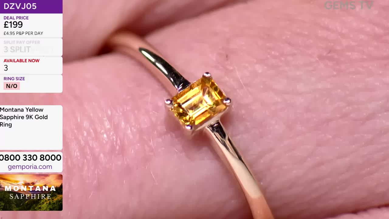 A slender gold ring with a square, yellow gemstone sits on a pale pink finger. The Gems TV logo and price information are visible in the corner.
