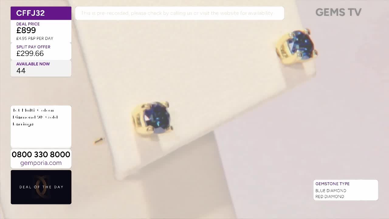 Two gold earrings with blue gemstones sit on a white surface, illuminated by bright studio lighting. The Gems TV logo is visible in the top right corner, and the price and availability are shown on the left.
