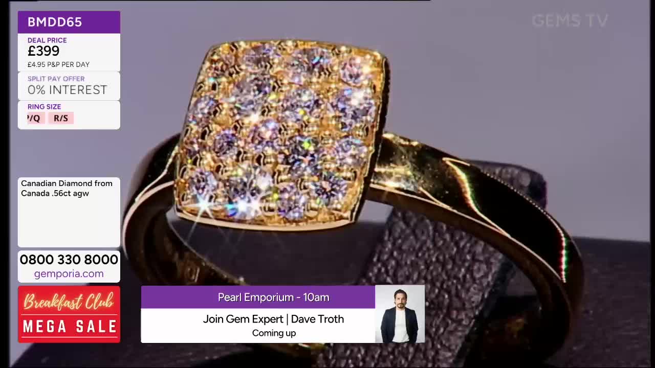 A gold ring, its square face covered in sparkling stones, is displayed prominently against a dark background. On Gems TV, details about the ring, including its price and size, are shown in the corner.
