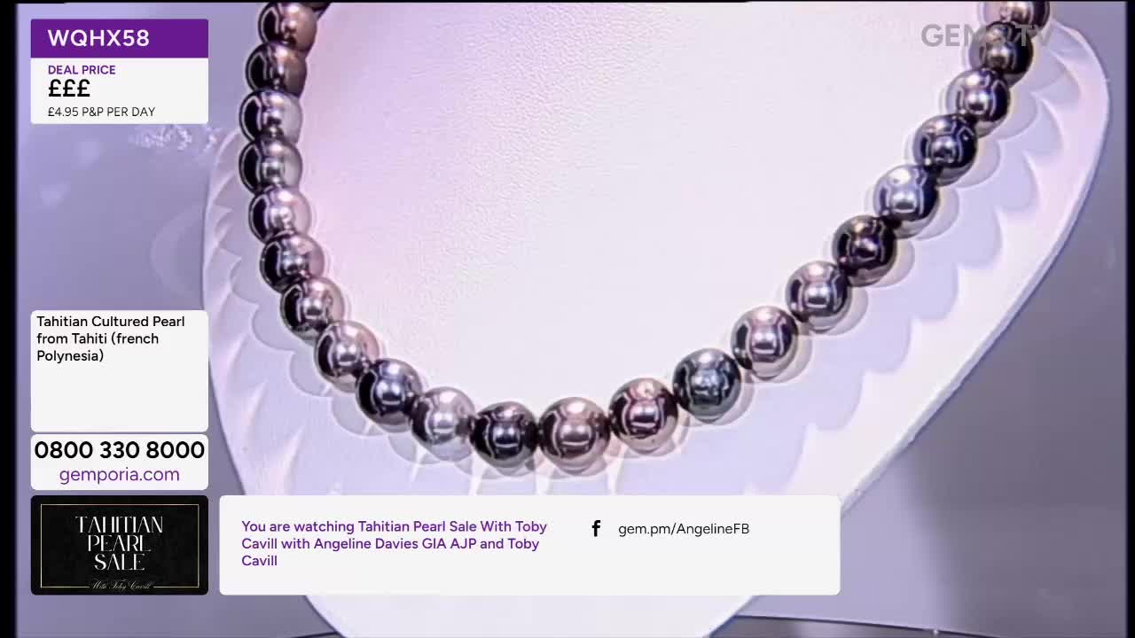 A necklace of dark, lustrous pearls rests on a white display stand. The Gems TV logo and a phone number for ordering are visible in the corner.
