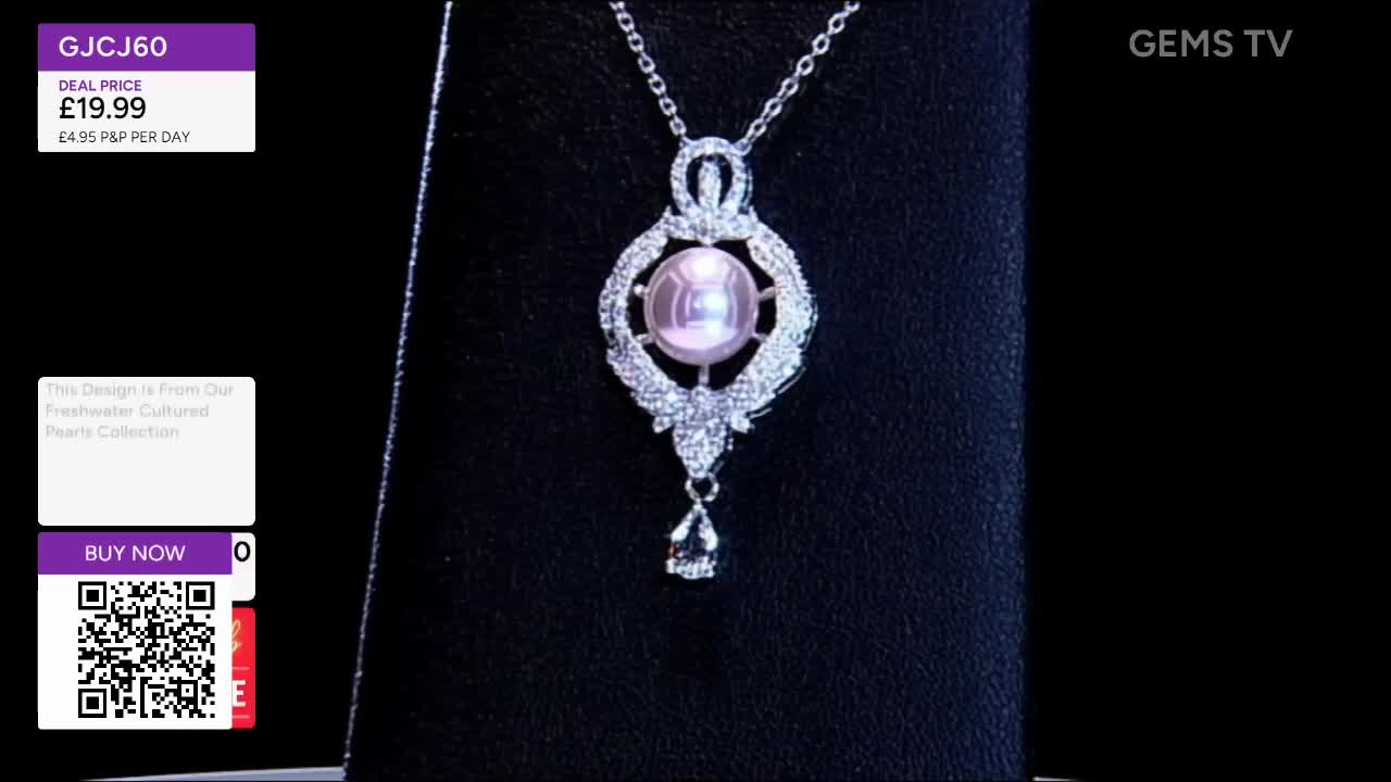 A pendant with a large, pale pink pearl at its center hangs against a dark background. The necklace is being presented on Gems TV, with a price tag and a "Buy Now" prompt visible on the screen.
