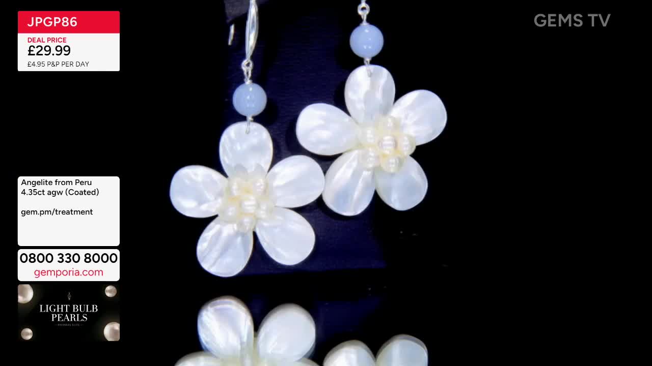 A pair of flower-shaped earrings, each with a light blue bead, hangs against a black background. The earrings are being shown on Gems TV, with the deal price and product details displayed on the screen.
