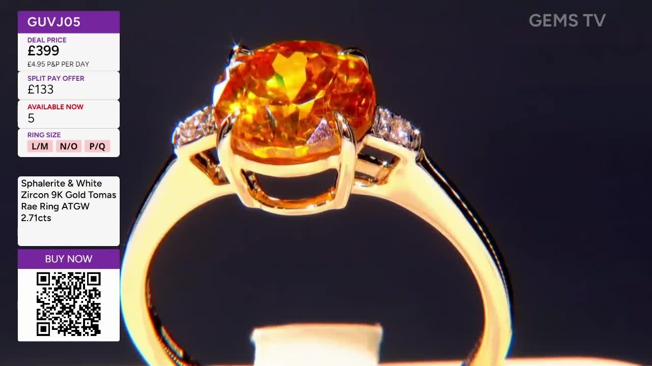 On Gems TV, a gold ring with a large, orange gemstone is displayed, its details illuminated against a dark background. The price and size options are listed alongside the ring, ready for purchase.
