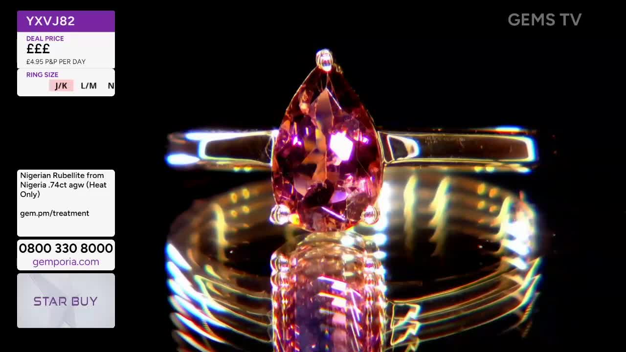 A pear-shaped, pink gemstone ring is showcased on a reflective surface, catching the light. The GEMS TV logo and a price tag are visible in the corner, indicating a live jewelry sale from the UK.
