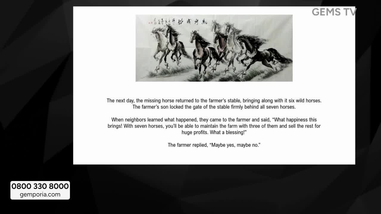On the screen, a watercolor painting of seven horses, their manes and tails flowing, gallops across a field. The GEMS TV logo sits in the top right corner, and text below the image tells a story.
On the screen, a watercolor painting of seven horses, their manes and tails flowing, gallops across a field. The GEMS TV logo sits in the top right corner, and text below the image tells a story.