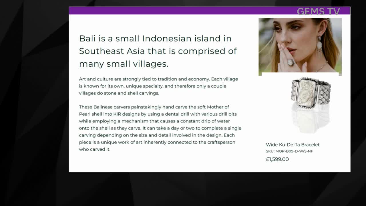 On the Gems TV screen, text describes shell carving from Bali. A bracelet with a rectangular, patterned center is displayed, along with a photo of a woman wearing similar jewelry.
