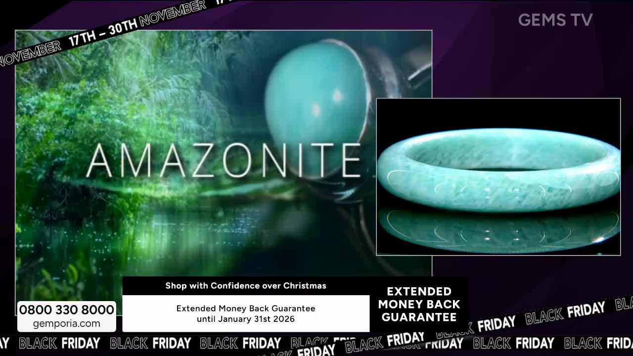 On the Gems TV screen, a close-up of a smooth, pale green amazonite bracelet is displayed next to a larger image of the stone. The words "AMAZONITE" are prominently featured over a blurred landscape.
