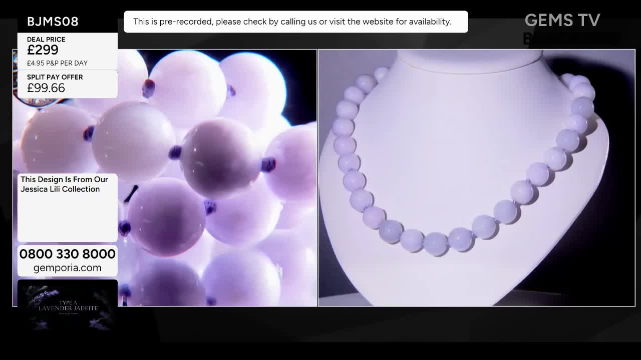 On a Gems TV broadcast, a lavender jadeite necklace is displayed on a white bust, with a close-up of similar beads on the left. The screen also shows the deal price in pounds sterling.
