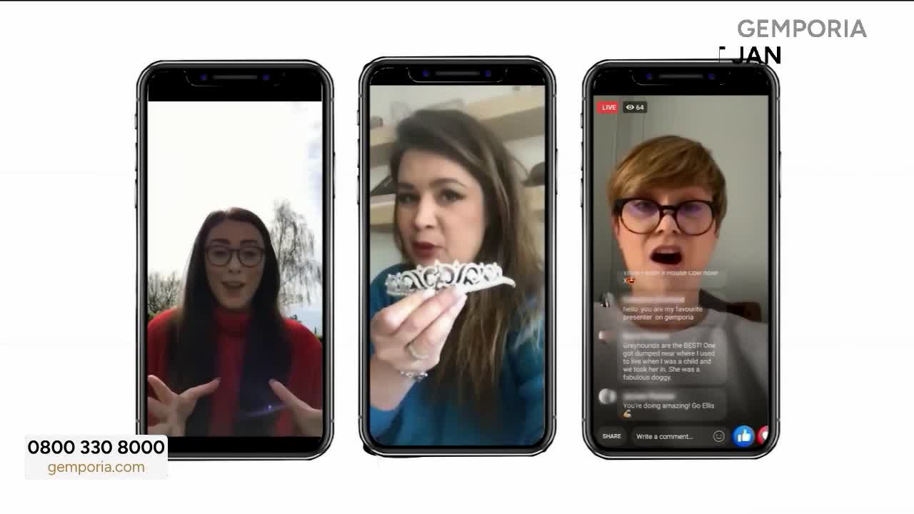 Three live video feeds are displayed on phones, each featuring a woman. One gestures with her hands, another holds up a tiara, and the third appears to be reacting to comments.
