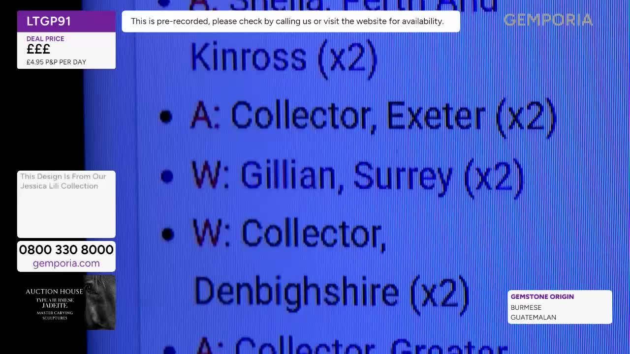A list of names and locations scrolls by on the screen, indicating buyers and their regions. The Gems TV logo is visible in the corner, alongside a phone number for inquiries.