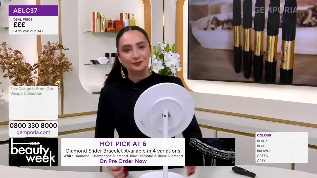 A woman presents a diamond slider bracelet on Gems TV. The bracelet, available in four variations, is on pre-order now.