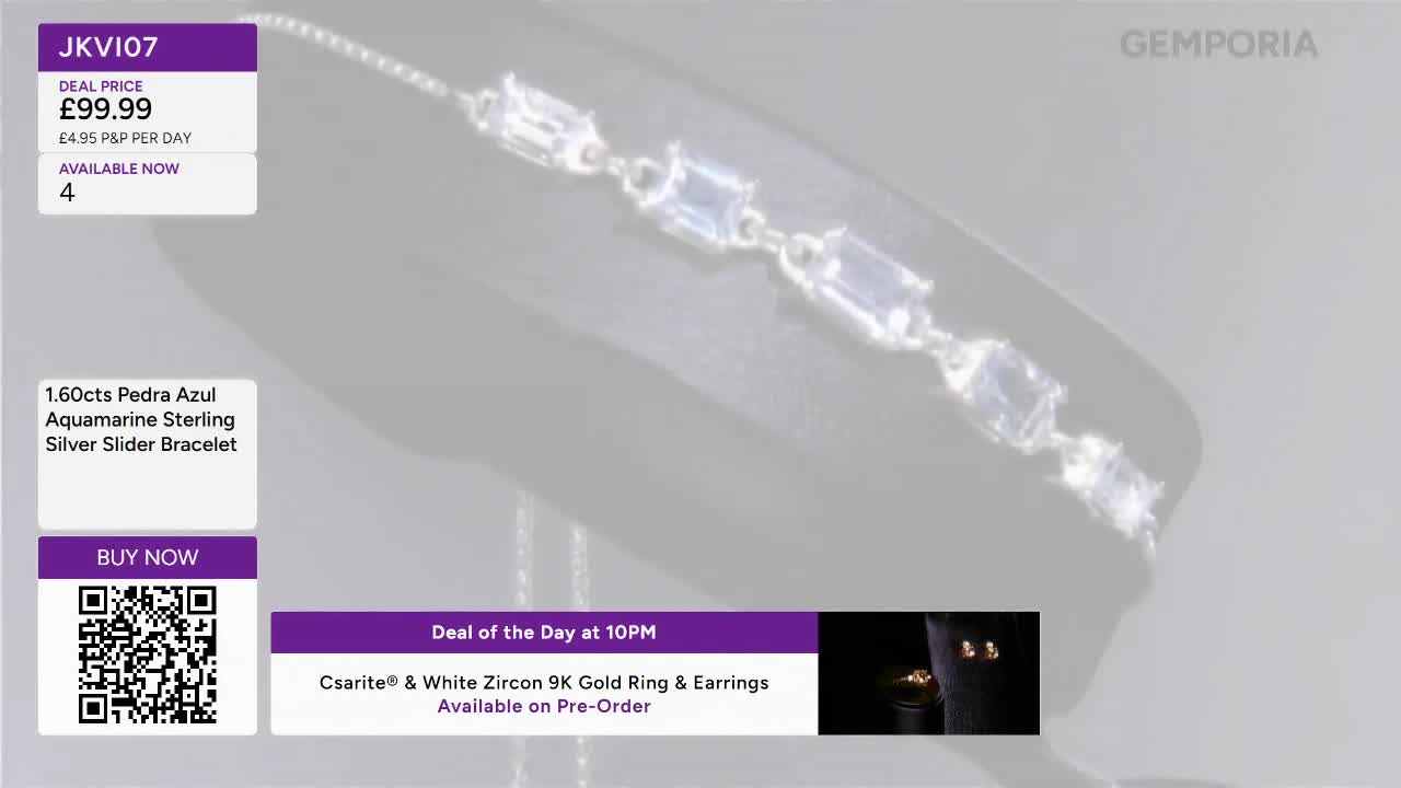 The silver bracelet with rectangular aquamarine stones is displayed on a dark stand. A graphic overlay announces a deal on a 9K gold ring and earrings.