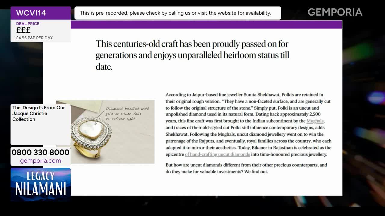 A ring with a heart-shaped mother-of-pearl centre, surrounded by small diamonds, sits on a white surface. Text on the screen explains this design is from the Jacque Christie Collection.