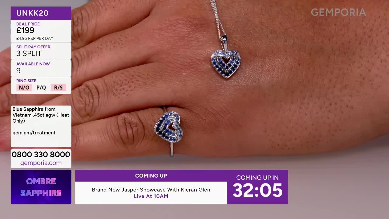 A hand displays a silver ring and matching pendant, both shaped like hearts and filled with small blue stones. A screen overlay details pricing and availability for the jewellery, while another announces an upcoming Jasper showcase.