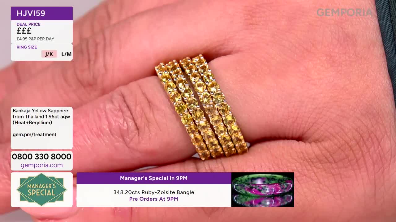 Four stacked rings, each set with small, bright yellow stones, are displayed on a finger. A graphic overlay from Gems TV lists details for a "Manager's Special" bangle.