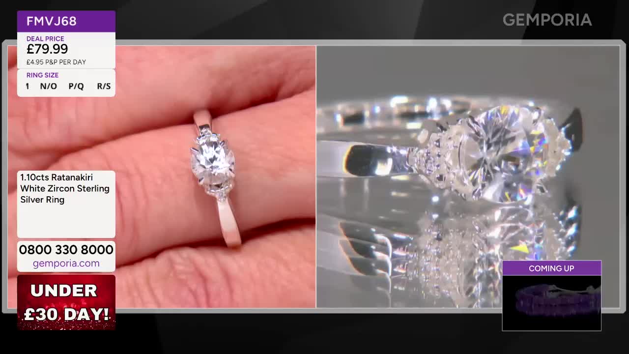 A hand displays a sterling silver ring with a central oval-cut white zircon, flanked by smaller stones. Another shot shows the ring's intricate sparkle on a reflective surface, hinting at a Gemporia presentation.