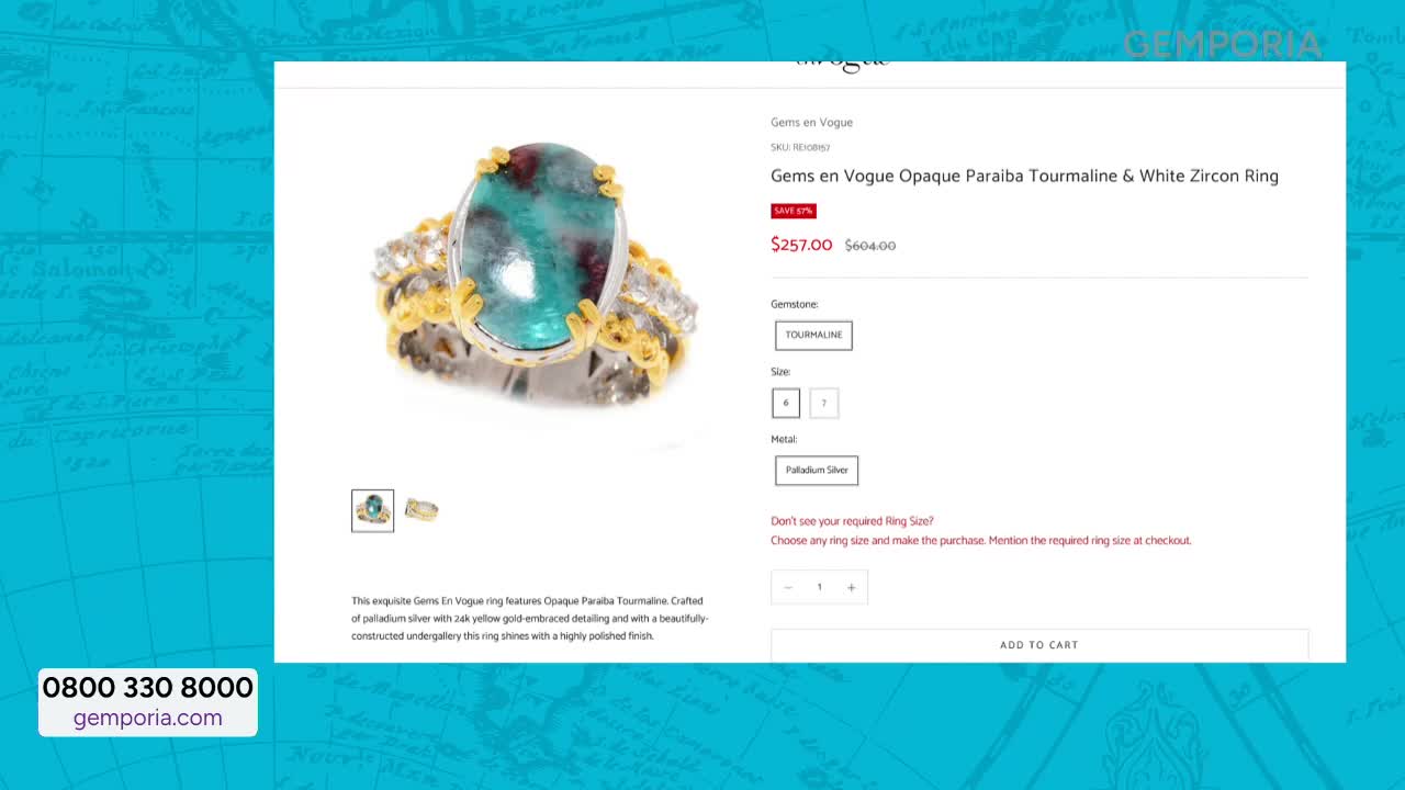 A large, oval, turquoise-coloured stone is set in a silver and gold ring. The website for Gems TV displays the ring's details and price.