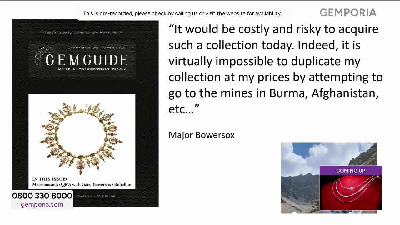 A necklace, intricately crafted with small red stones and gold, rests on a white background. The Gem Guide magazine cover it's part of features "Market Driven Independent Pricing" and lists "Micromosaics - Q&A with Gary Bowserox - Rubellite" in its contents.