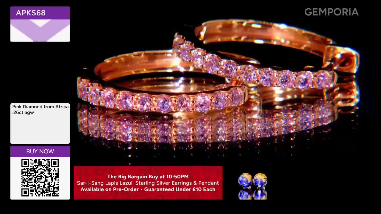 A pair of rose gold hoop earrings, encrusted with small pink diamonds, rests on a reflective surface. A small graphic on the left advertises "Pink Diamond from Africa, 26ct agw," and a "BUY NOW" button with a QR code.